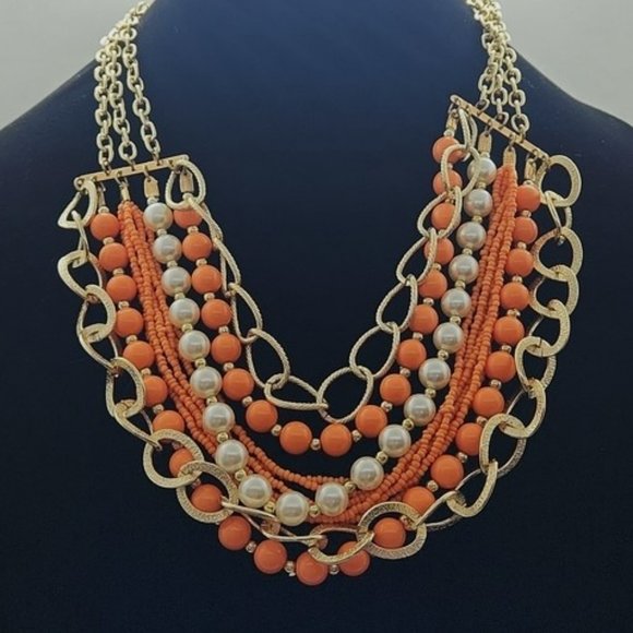 Jewelry - Gold and Orange Statement Necklace - 6 Strands